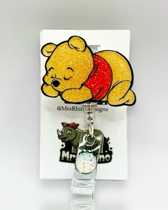 Sleeping Pooh Bear Retractable ID Badge Reel: Handmade Nurse Teacher Badge